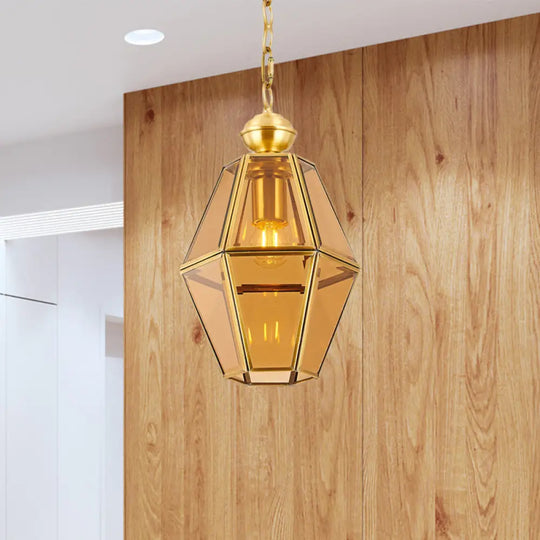 Colonial Ceiling Pendant Lamp With Geometric Glass Shade For Living Room Yellow