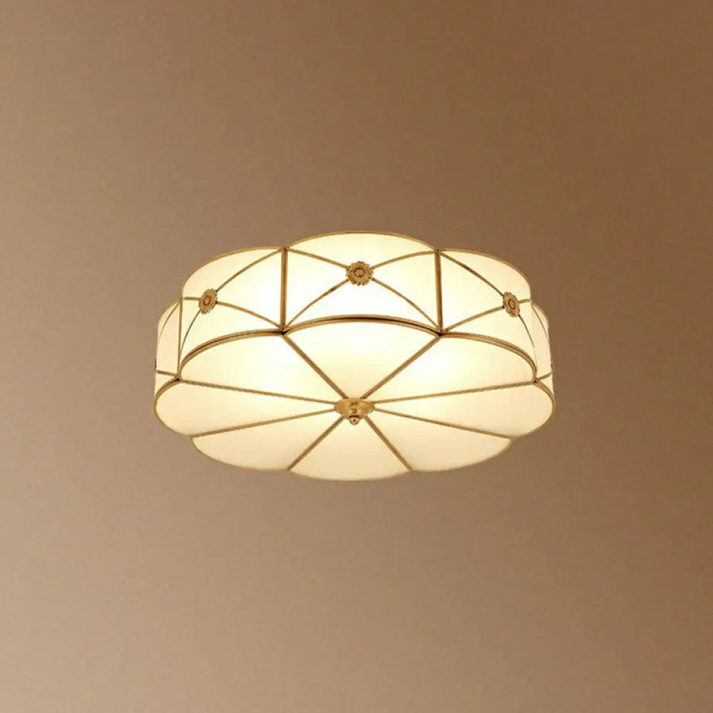 Colonial Chic Floral Bedroom Ceiling Mount Light - White Glass With Brass Finish 3 /