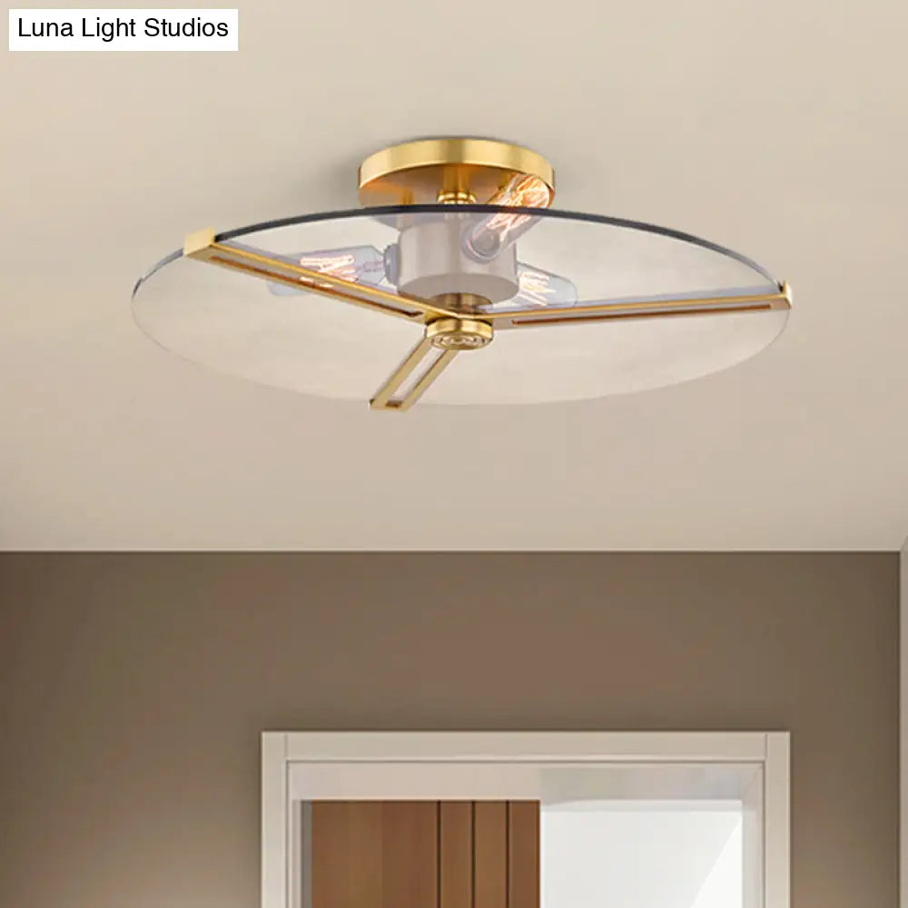 Colonial Chrome/Gold Disk Bedroom Semi Flush Mount Ceiling Lamp With Clear Glass Lights Gold