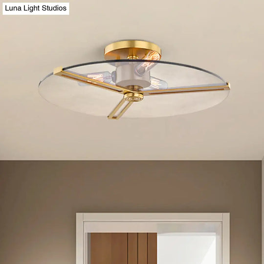 Colonial Chrome/Gold Disk Bedroom Semi Flush Mount Ceiling Lamp With Clear Glass Lights Gold