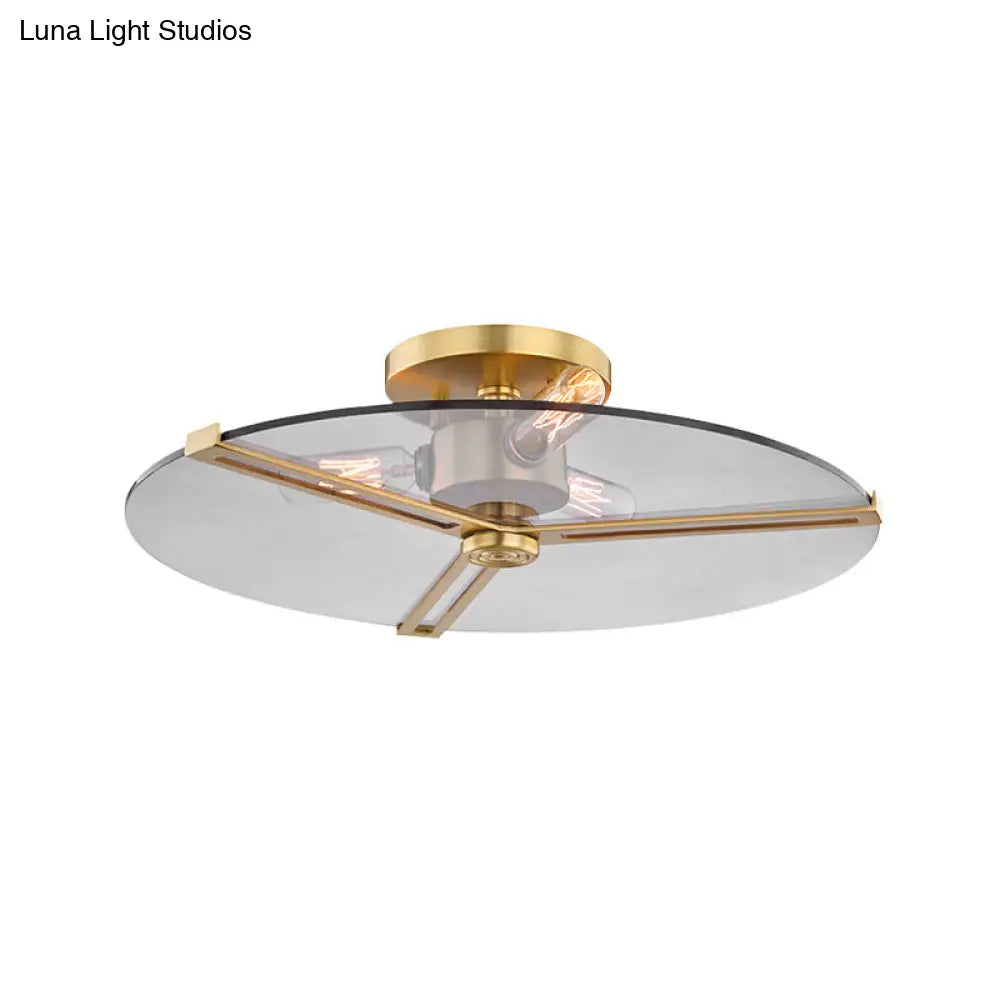 Colonial Chrome/Gold Disk Bedroom Semi Flush Mount Ceiling Lamp With Clear Glass Lights