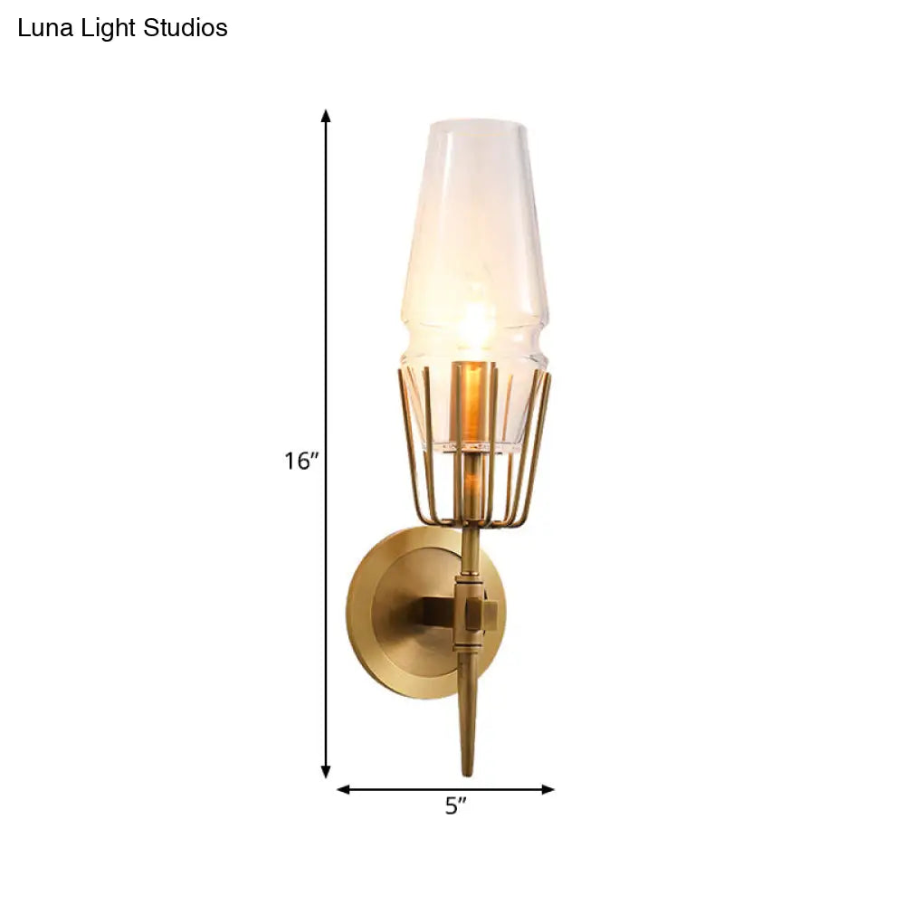 Colonial Clear Glass Brass Wall Sconce Cone 1/2-Light For Living Room