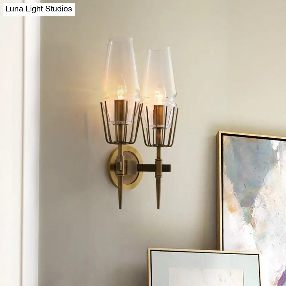 Colonial Clear Glass Brass Wall Sconce Cone 1/2-Light For Living Room