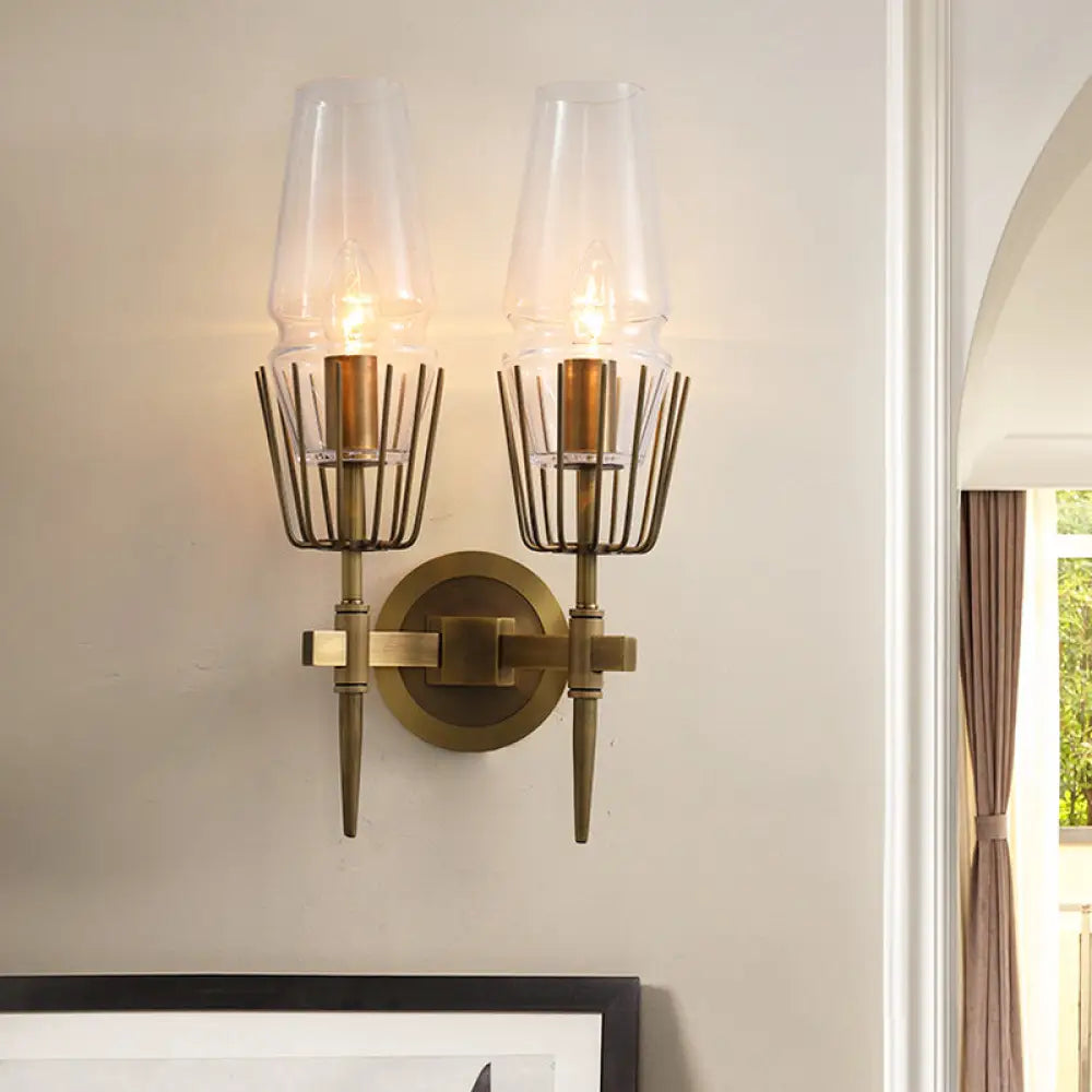 Colonial Clear Glass Brass Wall Sconce Cone 1/2-Light For Living Room 2 /