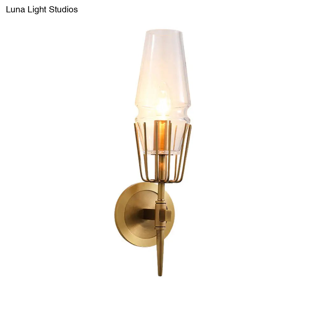 Colonial Clear Glass Brass Wall Sconce Cone 1/2-Light For Living Room