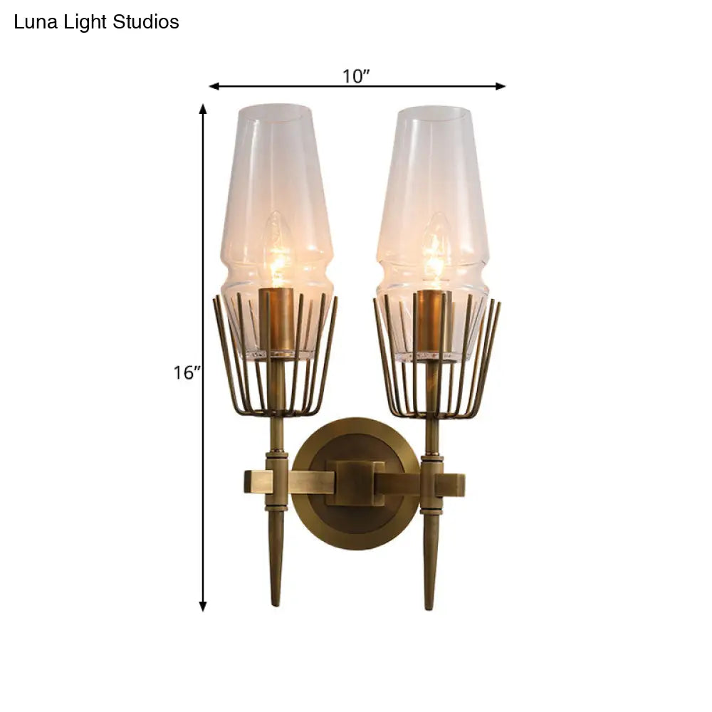 Colonial Clear Glass Brass Wall Sconce Cone 1/2-Light For Living Room