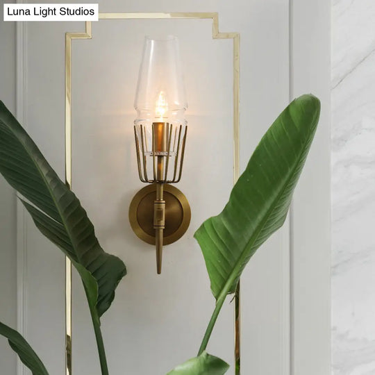 Colonial Clear Glass Brass Wall Sconce Cone 1/2-Light For Living Room