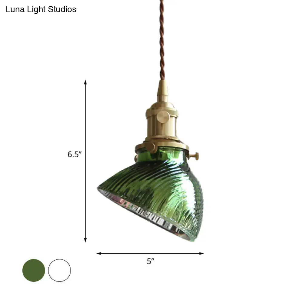 Colonial Clear/Green Prismatic Glass Hanging Lamp For Twisted Bowl Restaurant - 1-Light Brass