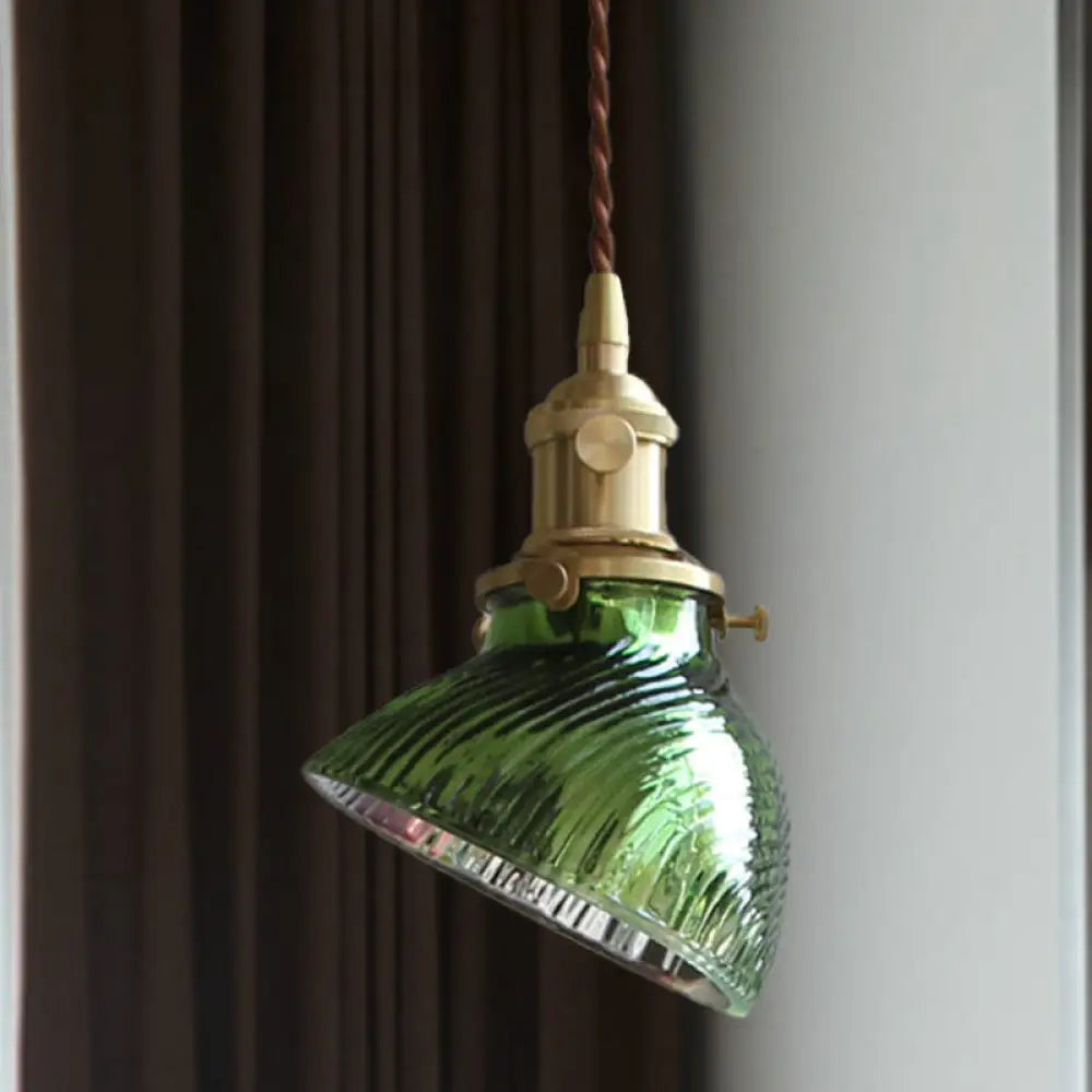 Colonial Clear/Green Prismatic Glass Hanging Lamp For Twisted Bowl Restaurant - 1-Light Brass