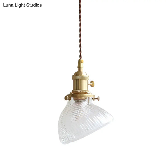 Colonial Clear/Green Prismatic Glass Hanging Lamp For Twisted Bowl Restaurant - 1-Light Brass