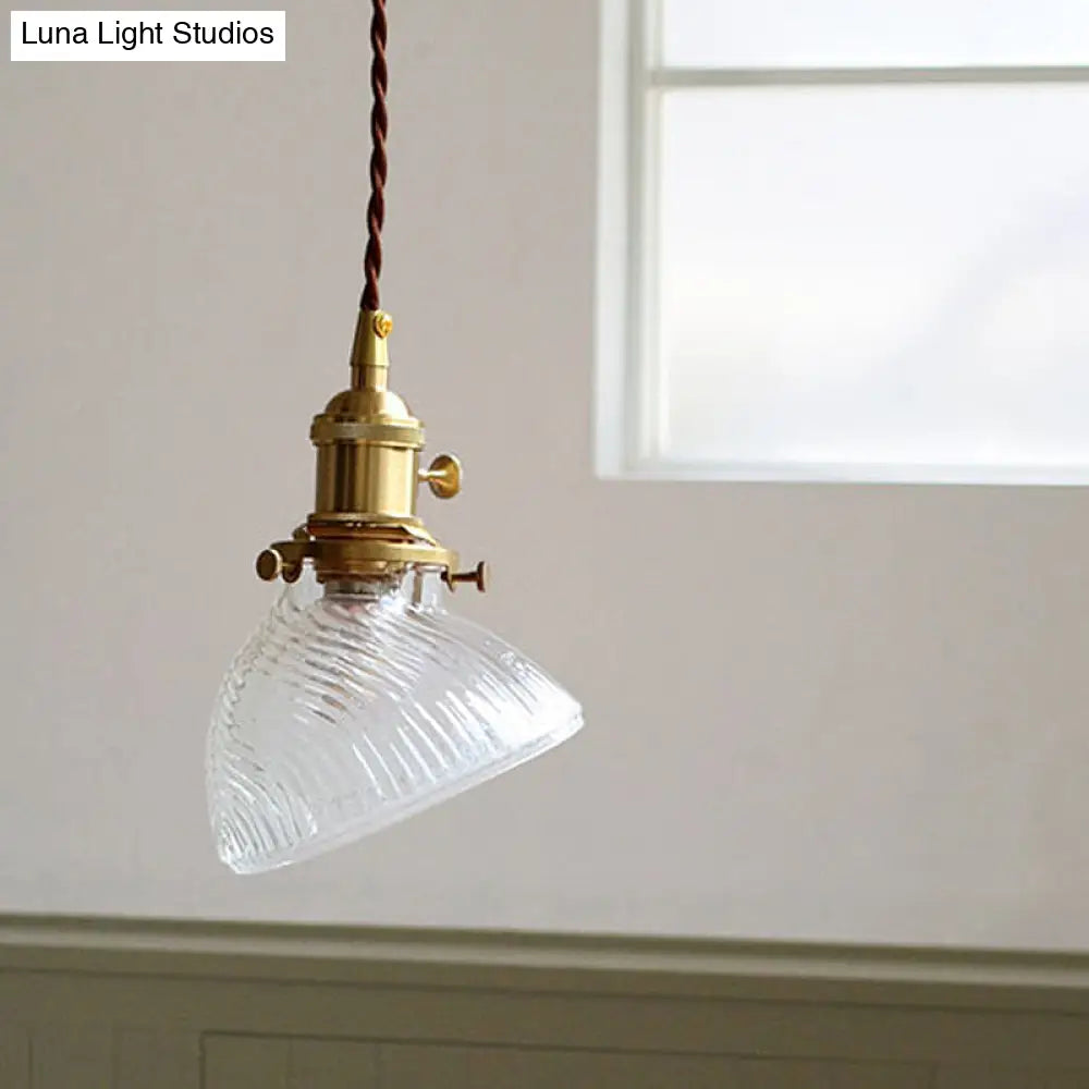 Colonial Clear/Green Prismatic Glass Hanging Lamp For Twisted Bowl Restaurant - 1-Light Brass