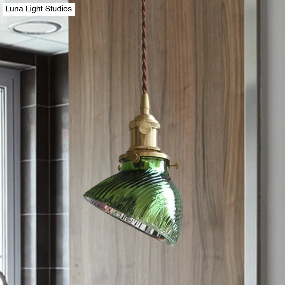 Colonial Clear/Green Prismatic Glass Hanging Lamp For Twisted Bowl Restaurant - 1-Light Brass