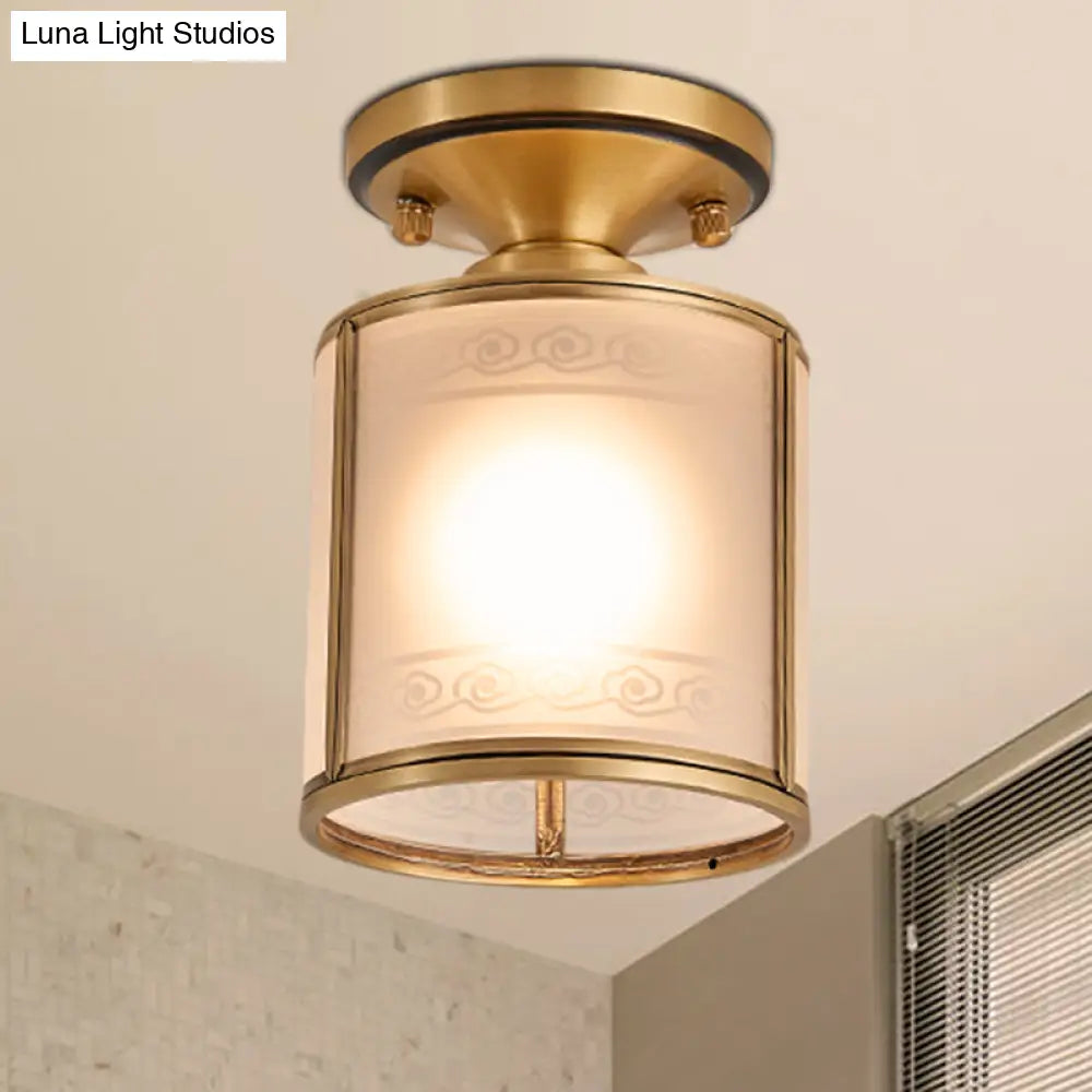 Colonial Cylinder Ceiling Light Fixture - 1 Bulb White Glass Flush Mount Brass Lighting