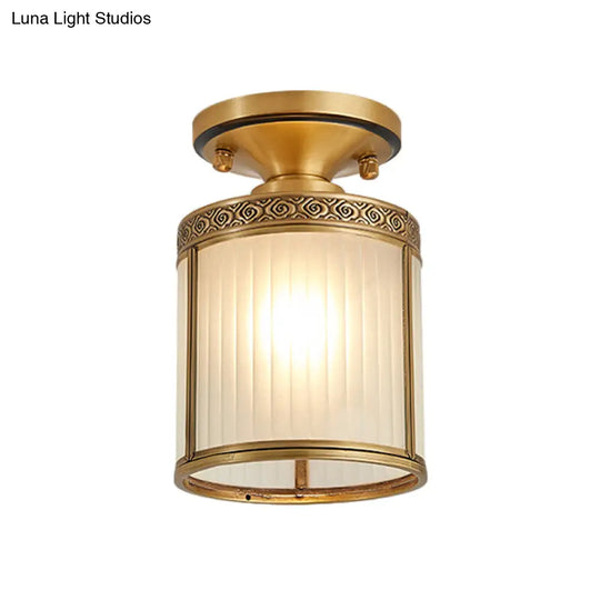 Colonial Cylinder Ceiling Light Fixture - 1 Bulb White Glass Flush Mount Brass Lighting