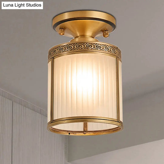 Colonial Cylinder Ceiling Light Fixture - 1 Bulb White Glass Flush Mount Brass Lighting / B