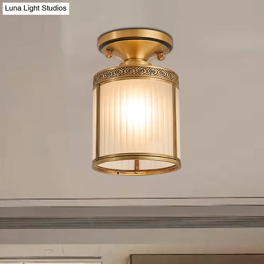 Colonial Cylinder Ceiling Light Fixture - 1 Bulb White Glass Flush Mount Brass Lighting