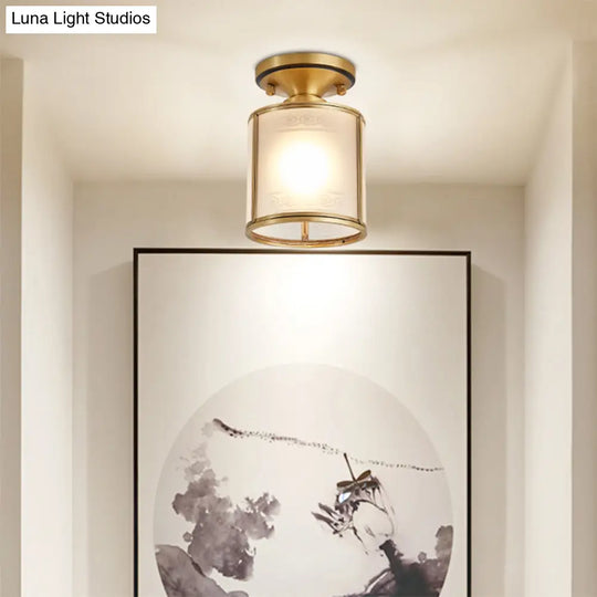 Colonial Cylinder Ceiling Light Fixture - 1 Bulb White Glass Flush Mount Brass Lighting