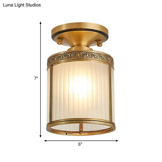 Colonial Cylinder Ceiling Light Fixture - 1 Bulb White Glass Flush Mount Brass Lighting