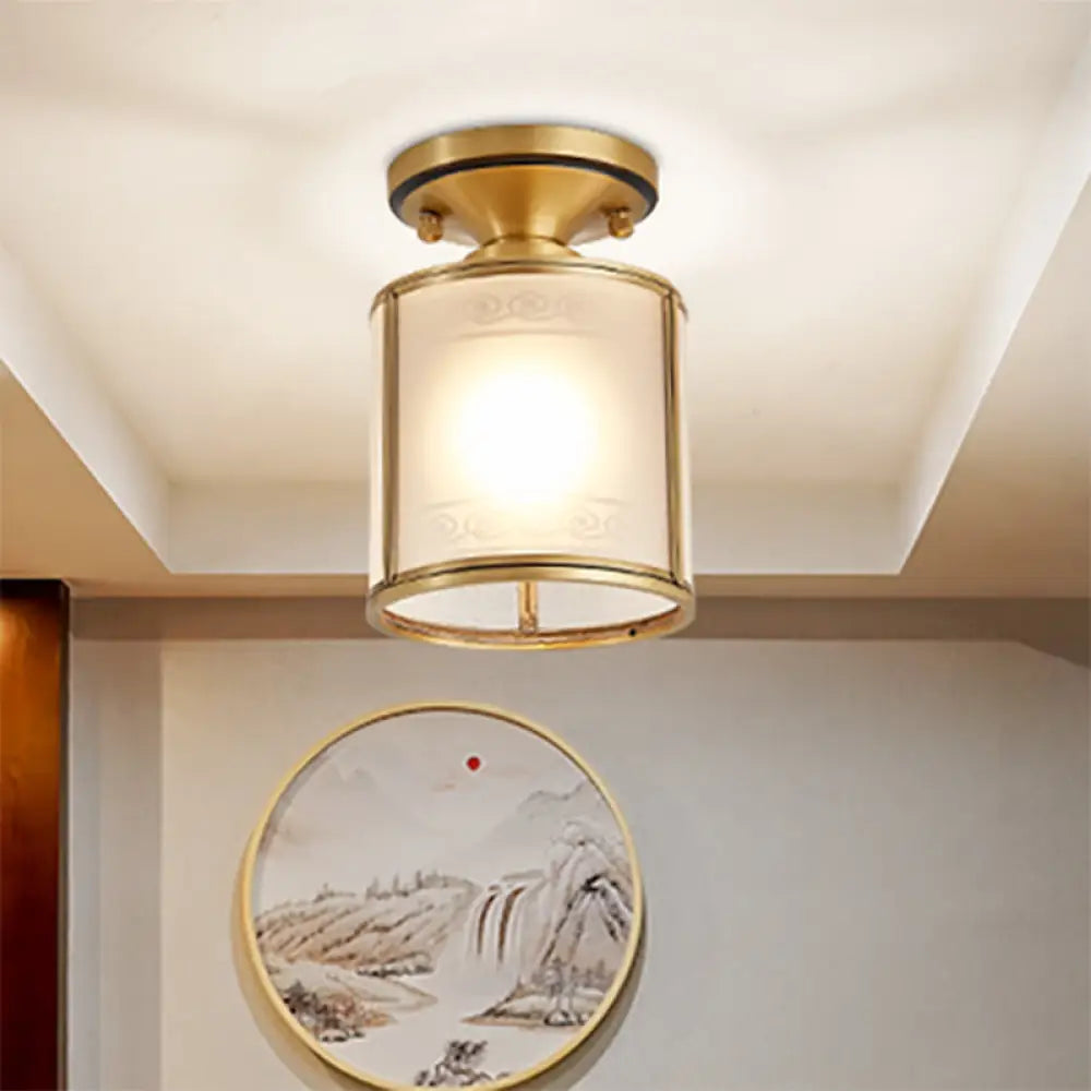 Colonial Cylinder Ceiling Light Fixture - 1 Bulb White Glass Flush Mount Brass Lighting / A