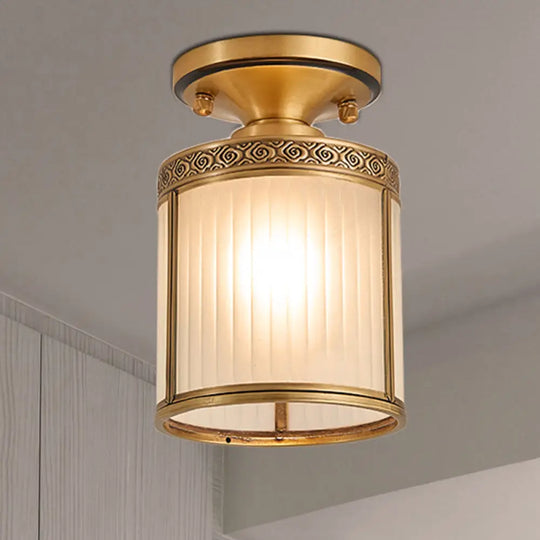 Colonial Cylinder Ceiling Light Fixture - 1 Bulb White Glass Flush Mount Brass Lighting / B