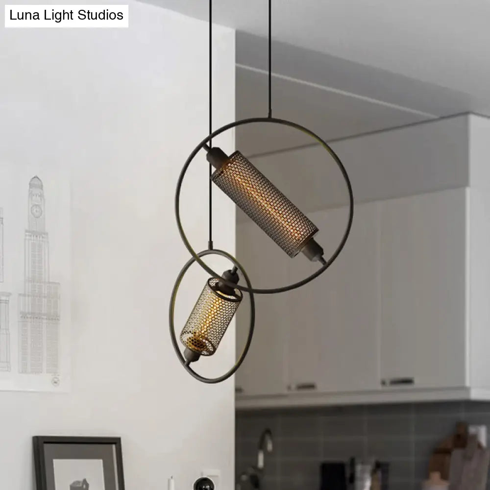 Colonial Cylinder Metal Mesh Pendant Lamp - 1 Bulb Hanging Ceiling Light (14/18) Black/Gold With