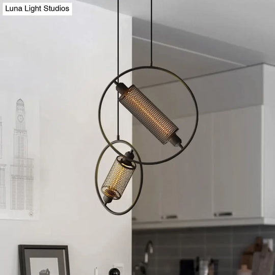 Colonial Cylinder Metal Mesh Pendant Lamp - 1 Bulb Hanging Ceiling Light (14/18) Black/Gold With