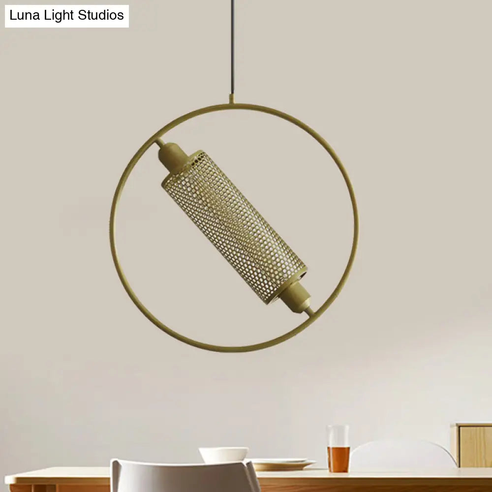 Colonial Cylinder Metal Mesh Pendant Lamp - 1 Bulb Hanging Ceiling Light (14/18) Black/Gold With