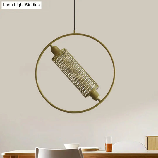 Colonial Cylinder Metal Mesh Pendant Lamp - 1 Bulb Hanging Ceiling Light (14/18) Black/Gold With