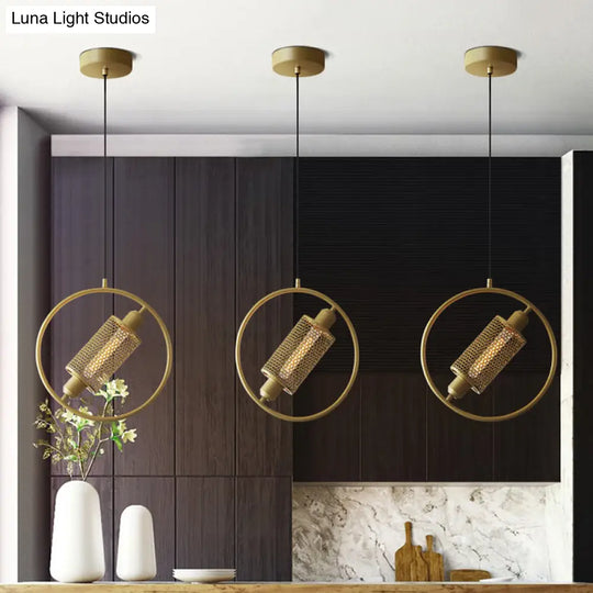 Colonial Cylinder Metal Mesh Pendant Lamp - 1 Bulb Hanging Ceiling Light (14/18) Black/Gold With