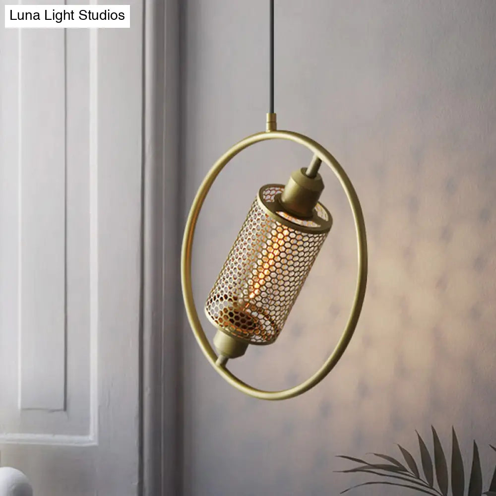 Colonial Cylinder Metal Mesh Pendant Lamp - 1 Bulb Hanging Ceiling Light (14/18) Black/Gold With