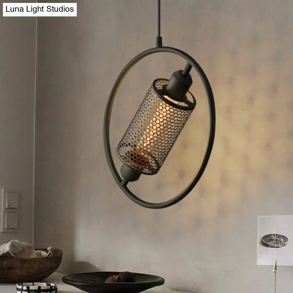 Colonial Cylinder Metal Mesh Pendant Lamp - 1 Bulb Hanging Ceiling Light (14/18) Black/Gold With