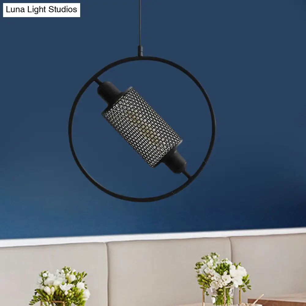 Colonial Cylinder Metal Mesh Pendant Lamp - 1 Bulb Hanging Ceiling Light (14/18) Black/Gold With