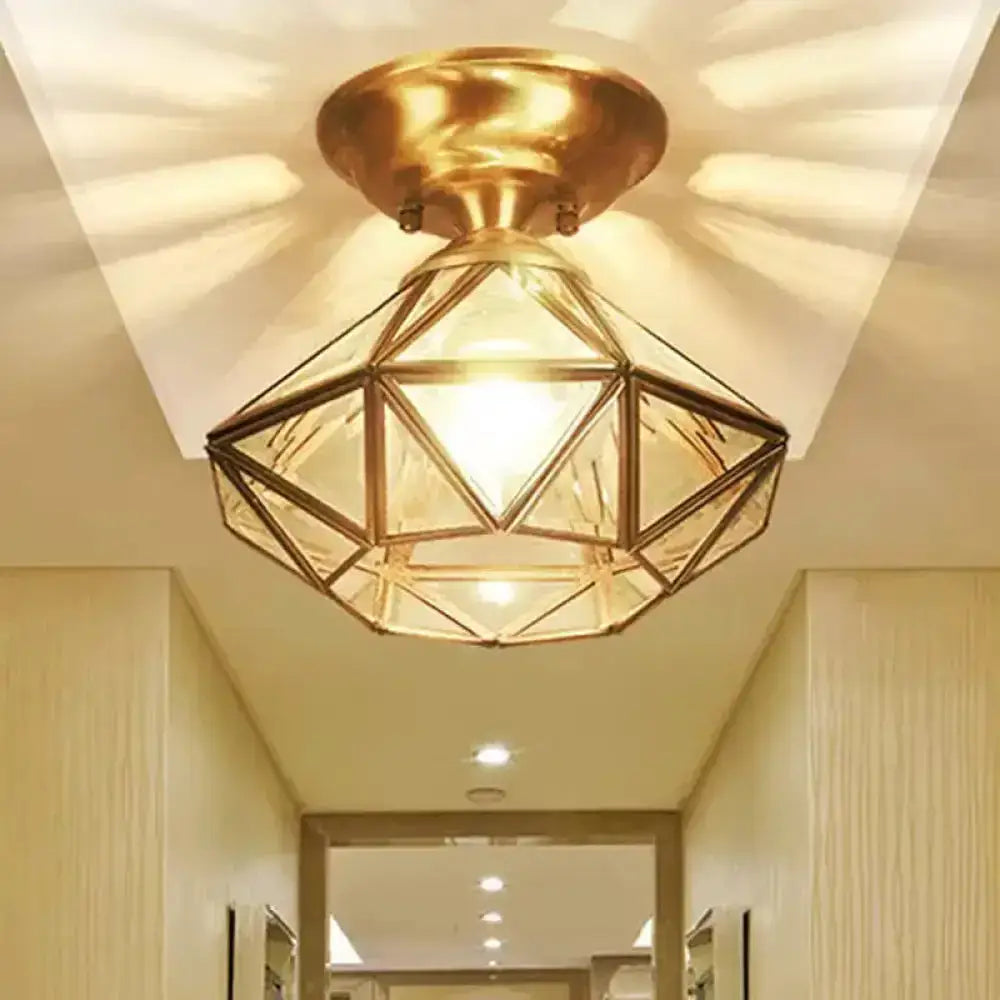 Colonial Diamond Flush Ceiling Light - 10’/12’ 1-Light Clear Beveled Glass Panels Brass Finish / 10’