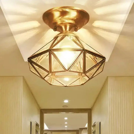 Colonial Diamond Flush Ceiling Light - 10’/12’ 1-Light Clear Beveled Glass Panels Brass Finish / 10’