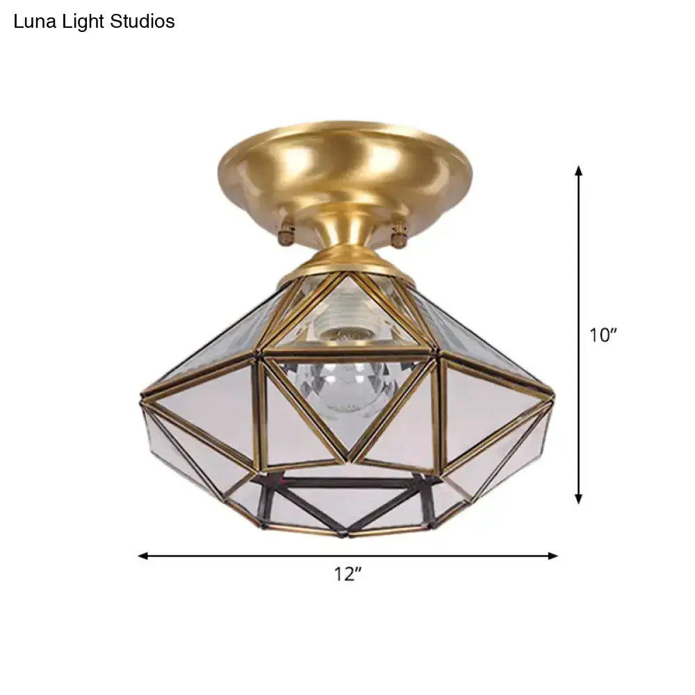 Colonial Diamond Flush Ceiling Light - 10’/12’ 1-Light Clear Beveled Glass Panels Brass Finish