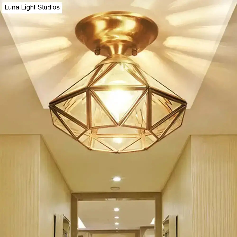 Colonial Diamond Flush Ceiling Light - 10’/12’ 1-Light Clear Beveled Glass Panels Brass Finish