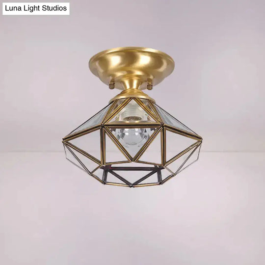 Colonial Diamond Flush Ceiling Light - 10’/12’ 1-Light Clear Beveled Glass Panels Brass Finish