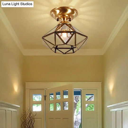 Colonial Diamond Flush Ceiling Light - 10’/12’ 1-Light Clear Beveled Glass Panels Brass Finish