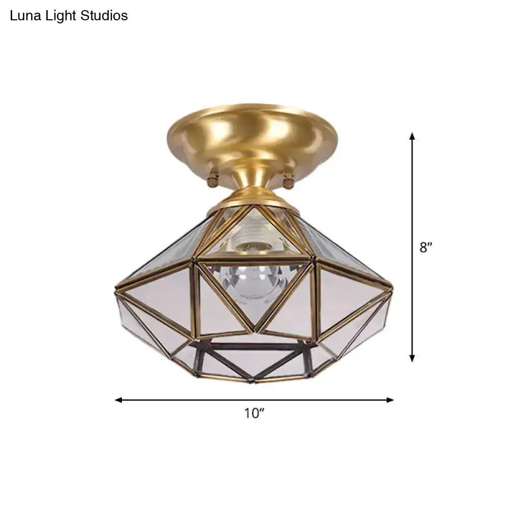 Colonial Diamond Flush Ceiling Light - 10’/12’ 1-Light Clear Beveled Glass Panels Brass Finish