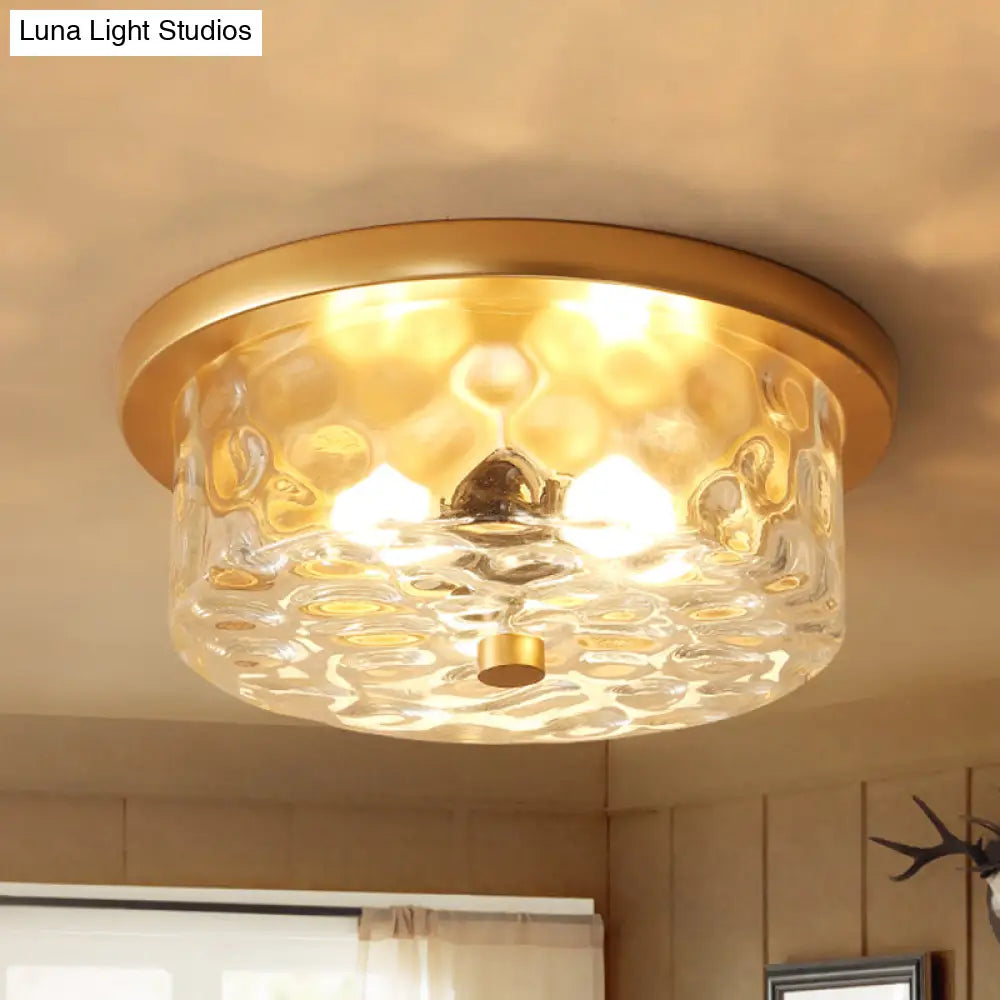 Colonial Drum Ceiling Light Fixture Clear Dimple Glass Brass Flush Mount For Living Room - 3 Bulbs