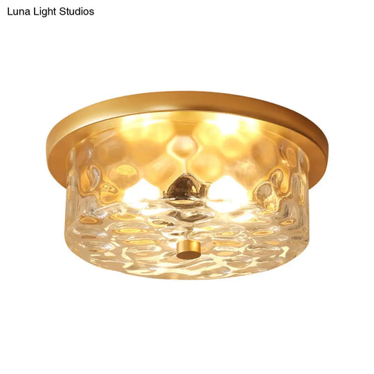 Colonial Drum Ceiling Light Fixture Clear Dimple Glass Brass Flush Mount For Living Room - 3 Bulbs