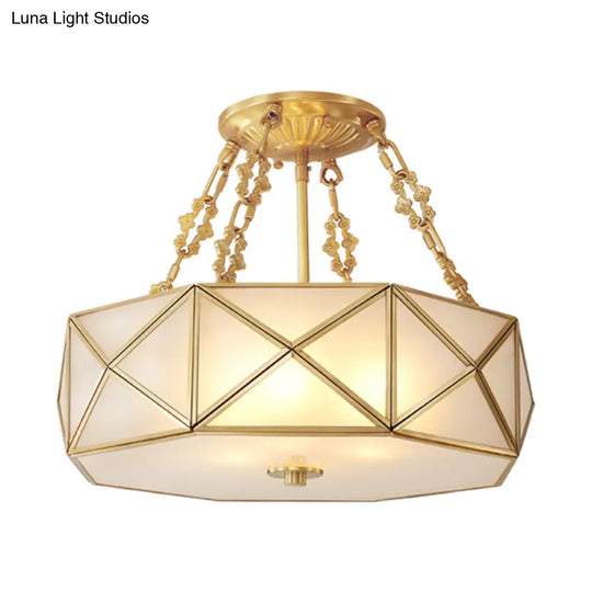 Colonial Drum Ceiling Mount Chandelier With Frosted White Opal Glass And Brass Finish - Ideal For