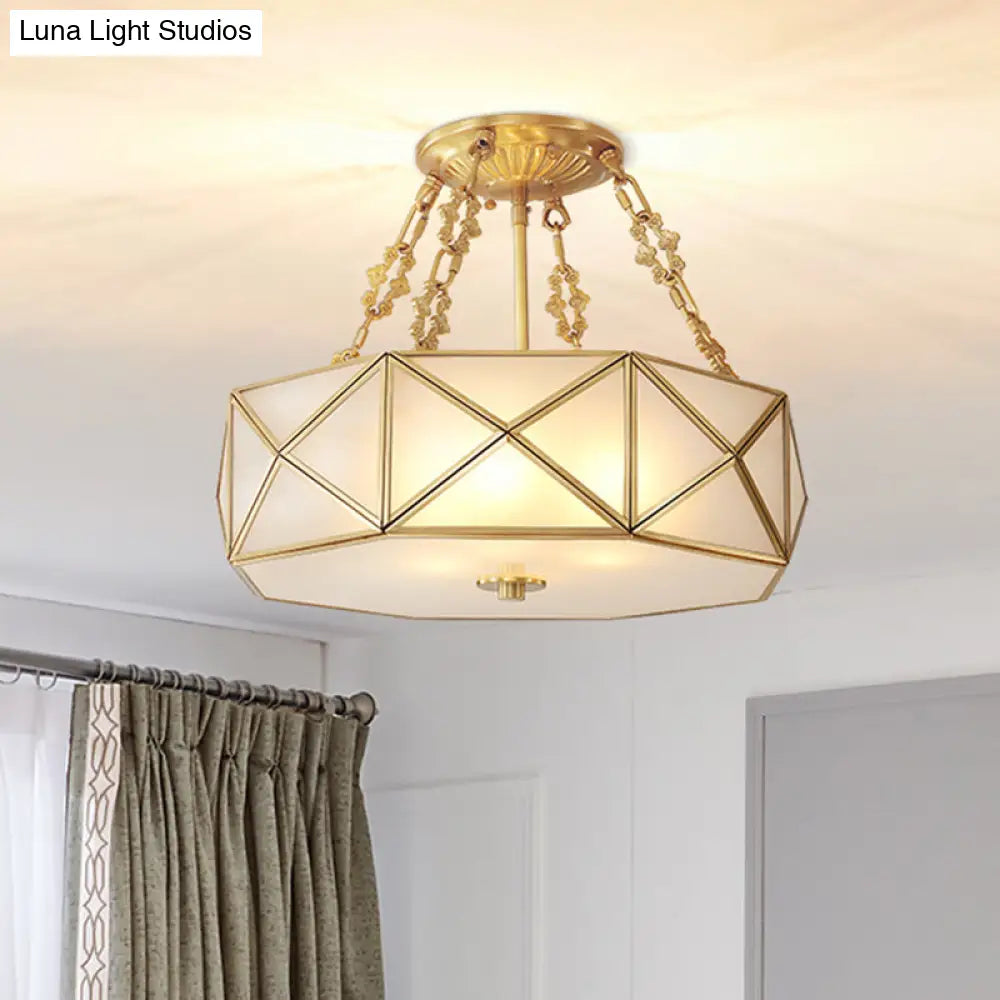 Colonial Drum Ceiling Mount Chandelier With Frosted White Opal Glass And Brass Finish - Ideal For