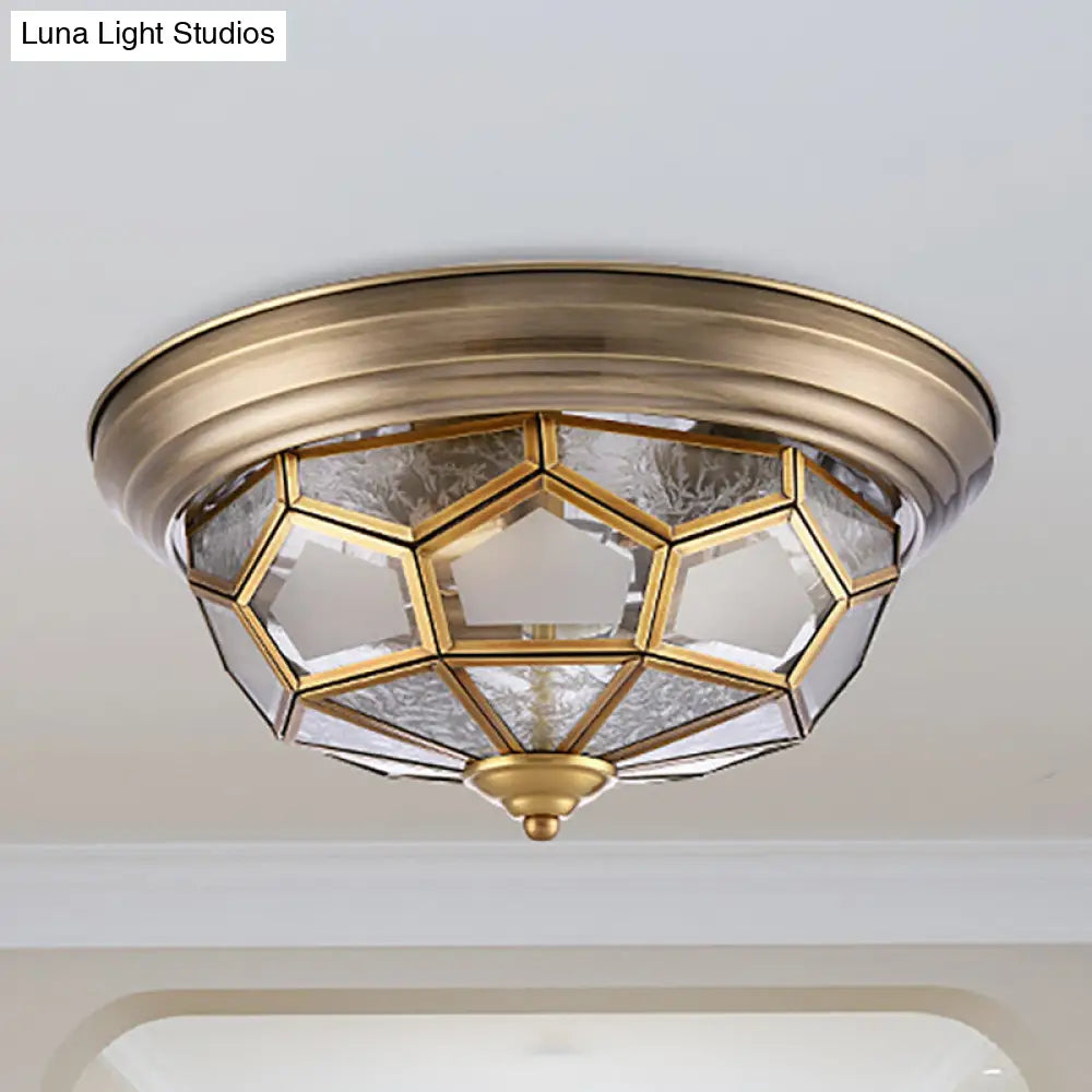 Colonial Frosted Glass Brass Ceiling Flush Mount Lamp With 3 Faceted Heads For Bedroom