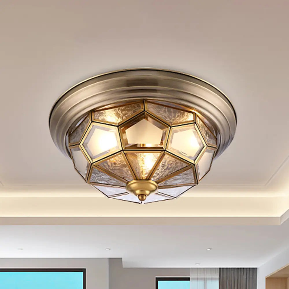 Colonial Frosted Glass Brass Ceiling Flush Mount Lamp With 3 Faceted Heads For Bedroom