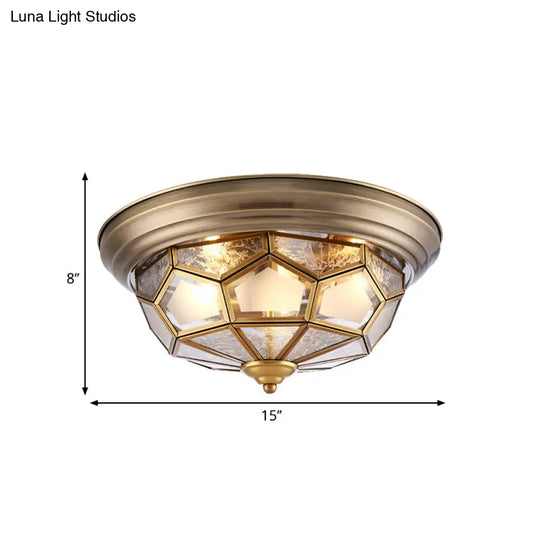 Colonial Frosted Glass Brass Ceiling Flush Mount Lamp With 3 Faceted Heads For Bedroom