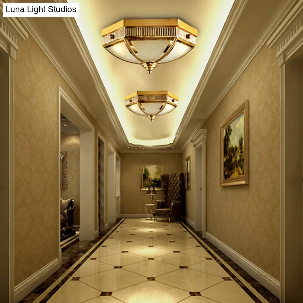 Colonial Frosted Glass Ceiling Lamp With Gold Finish - 2 Bulbs Hallway Flush Mount Light