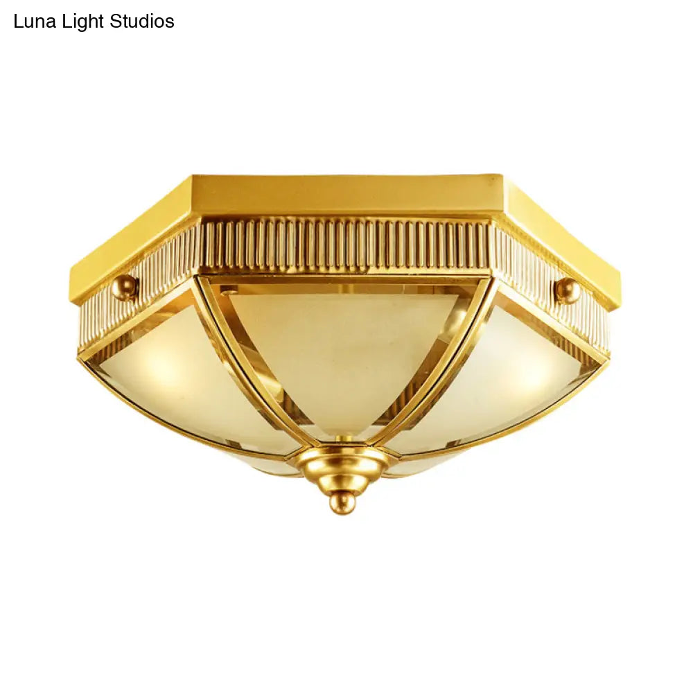 Colonial Frosted Glass Ceiling Lamp With Gold Finish - 2 Bulbs Hallway Flush Mount Light