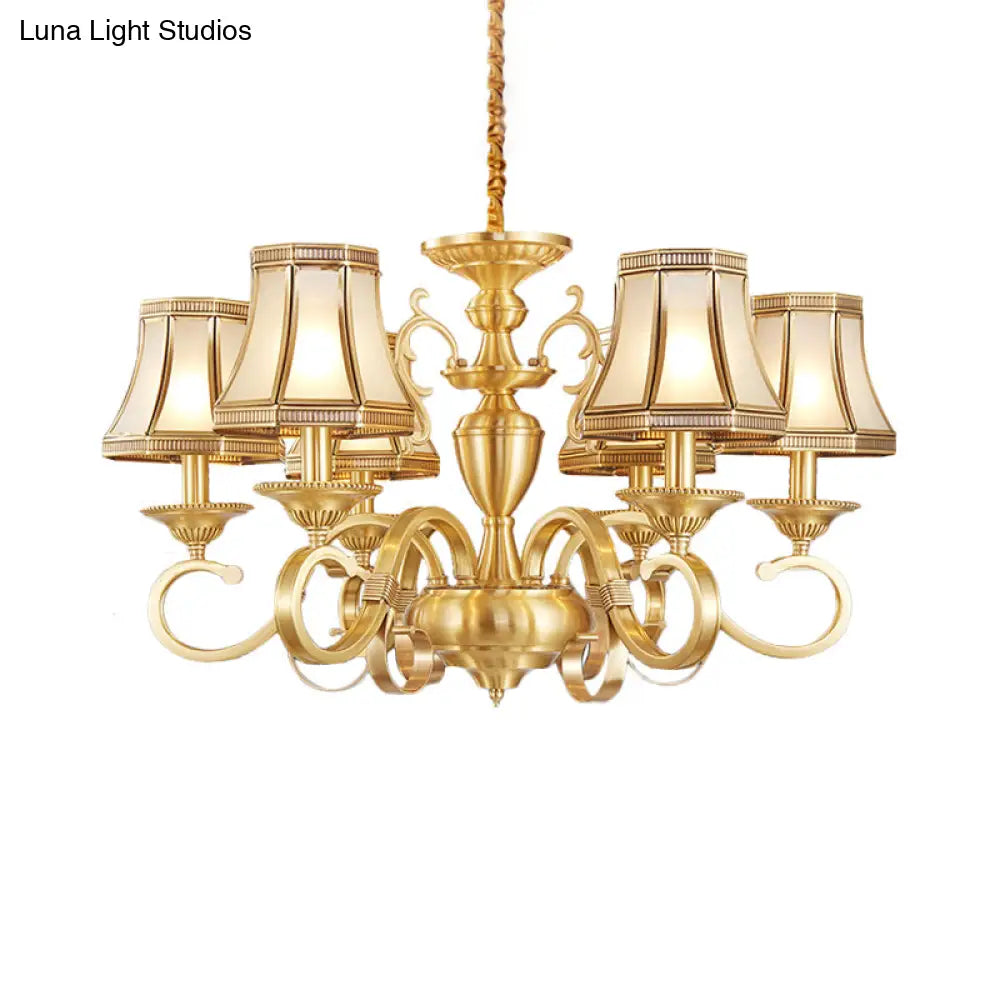 Colonial Frosted Glass Chandelier Lamp With Brass Accents Available In 6 8 Or 12 Lights