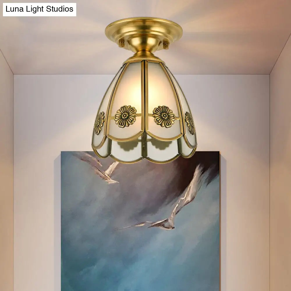 Colonial Glass Brass Ceiling Flush Light - Small Balcony Mount Fixture / Cone